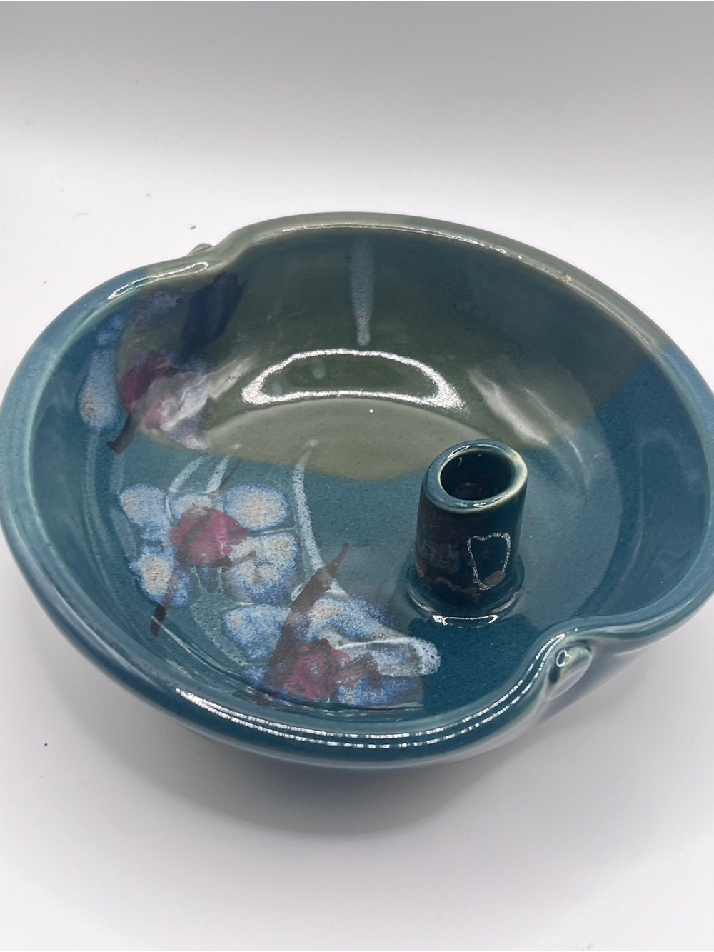 Kent Follette Studio Pottery Ikebana Flower Holder Vase Bowl Signed Teal Floral